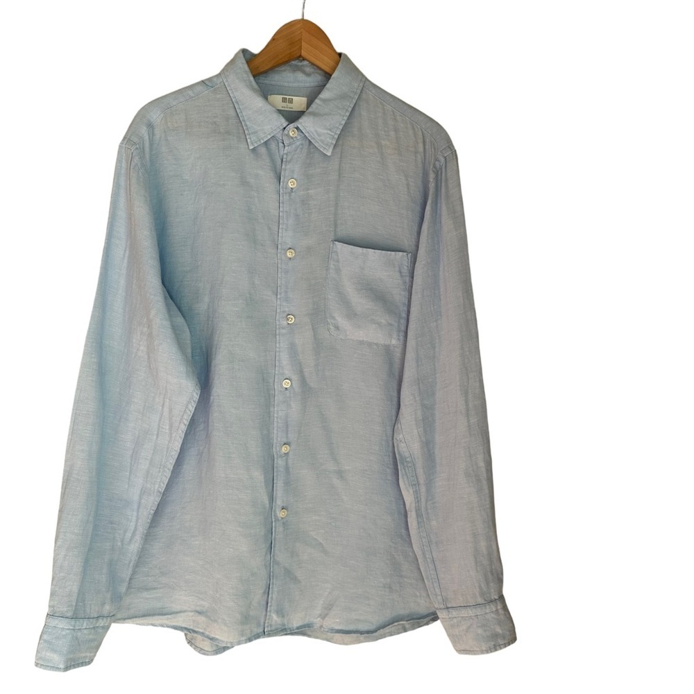 Uniqlo Men's Light Blue 100% Lenin‎ Long Sleeve Button Down Shirt Size: L